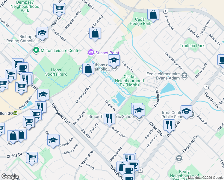 map of restaurants, bars, coffee shops, grocery stores, and more near in Milton