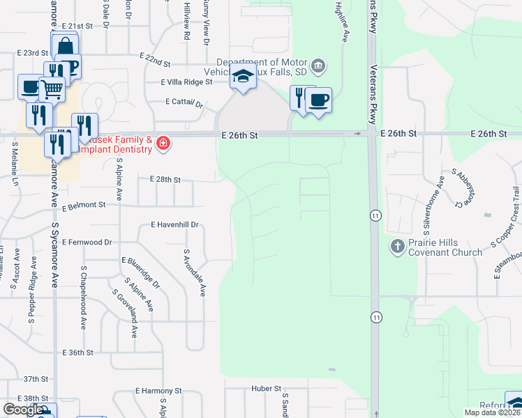 map of restaurants, bars, coffee shops, grocery stores, and more near 5030 East Havenhill Drive in Sioux Falls