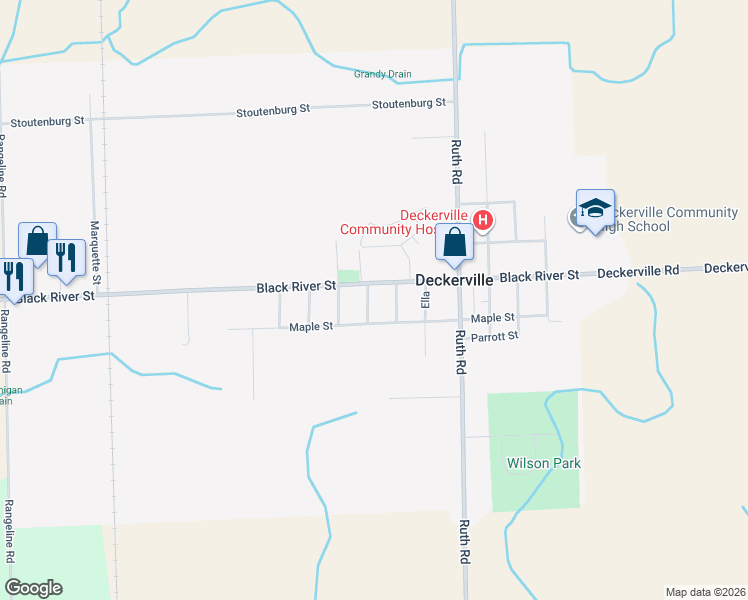 map of restaurants, bars, coffee shops, grocery stores, and more near 3482 Quince Street in Deckerville