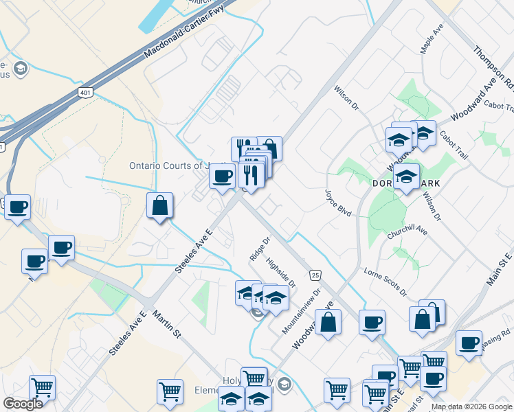 map of restaurants, bars, coffee shops, grocery stores, and more near 481 Ontario Street North in Milton