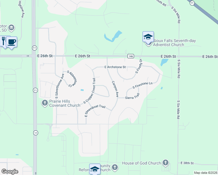 map of restaurants, bars, coffee shops, grocery stores, and more near 2136 South Silverpine Court in Sioux Falls