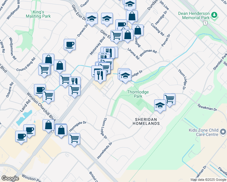 map of restaurants, bars, coffee shops, grocery stores, and more near 2533 Thorn Lodge Drive in Mississauga
