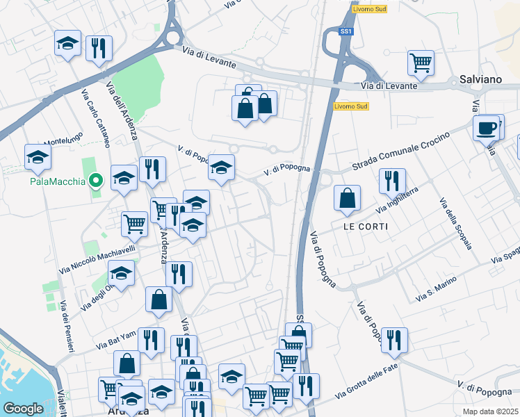 map of restaurants, bars, coffee shops, grocery stores, and more near 9 Via Maria Montessori in Livorno