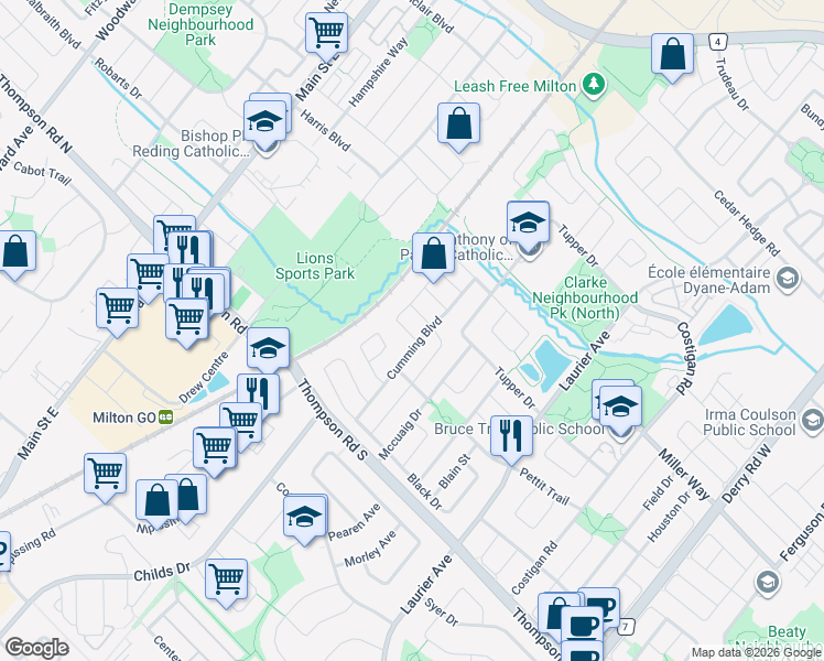 map of restaurants, bars, coffee shops, grocery stores, and more near 1105 Bonin Crescent in Milton