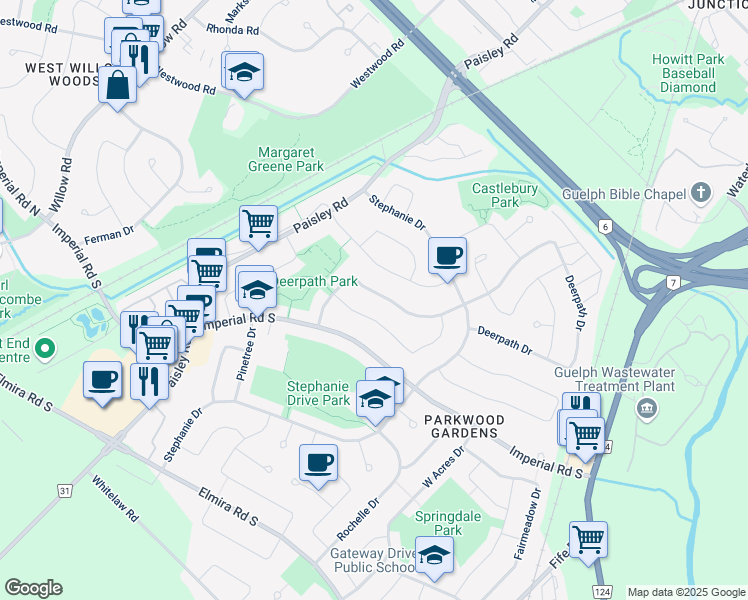 map of restaurants, bars, coffee shops, grocery stores, and more near 55 Deerpath Drive in Guelph