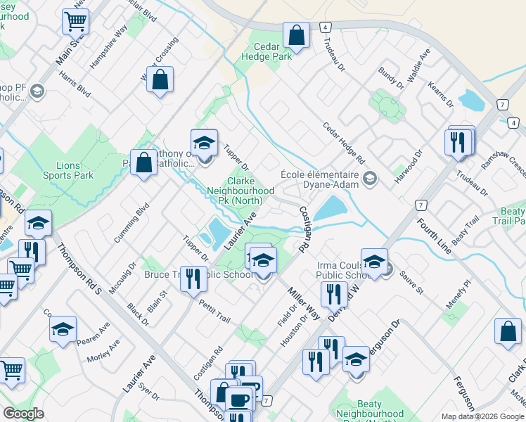 map of restaurants, bars, coffee shops, grocery stores, and more near 1421 Costigan Road in Milton
