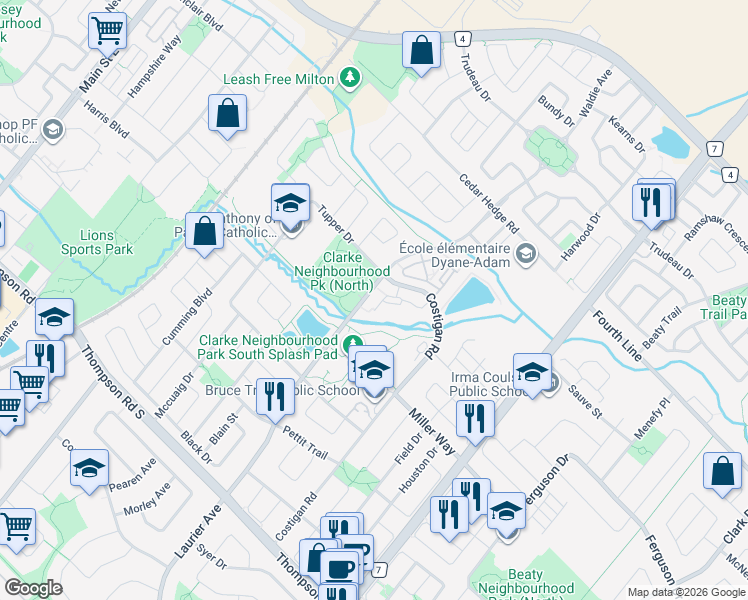 map of restaurants, bars, coffee shops, grocery stores, and more near 1419 Costigan Road in Milton