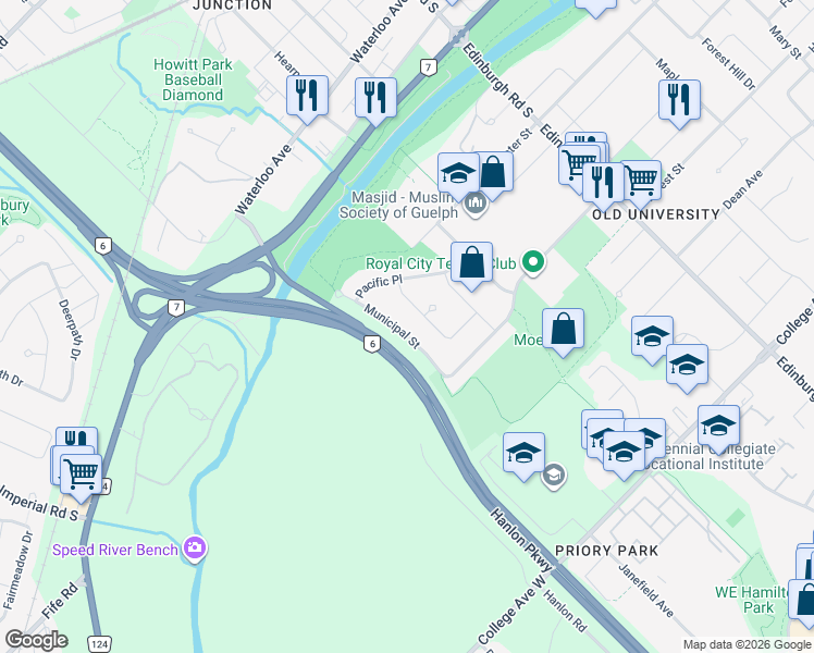 map of restaurants, bars, coffee shops, grocery stores, and more near 157 Municipal Street in Guelph