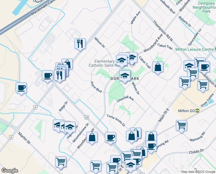 map of restaurants, bars, coffee shops, grocery stores, and more near 580 Woodward Avenue in Milton