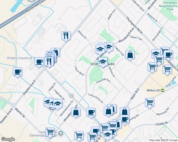 map of restaurants, bars, coffee shops, grocery stores, and more near 580 Woodward Avenue in Milton