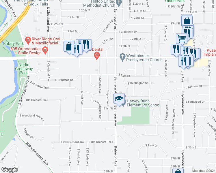 map of restaurants, bars, coffee shops, grocery stores, and more near 2200 South Stephen Avenue in Sioux Falls