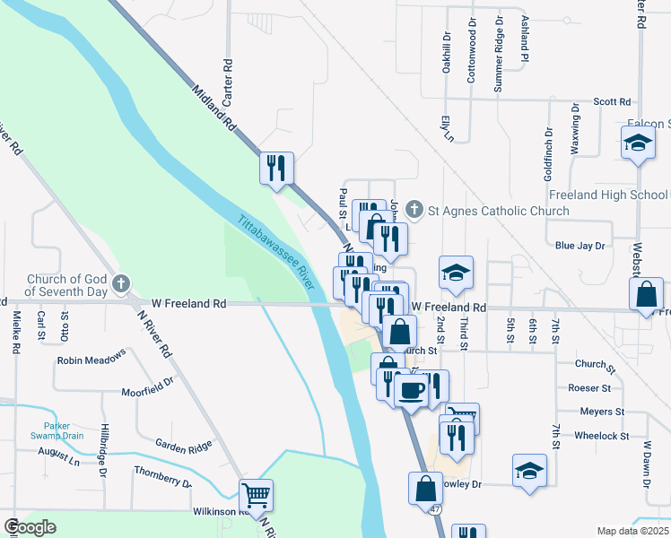 map of restaurants, bars, coffee shops, grocery stores, and more near 100 Washington in Freeland