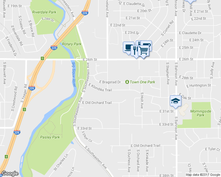 map of restaurants, bars, coffee shops, grocery stores, and more near 2802 East Klondike Trail in Sioux Falls
