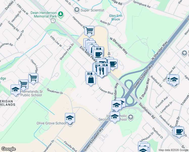 map of restaurants, bars, coffee shops, grocery stores, and more near 2147 Fifth Line West in Mississauga
