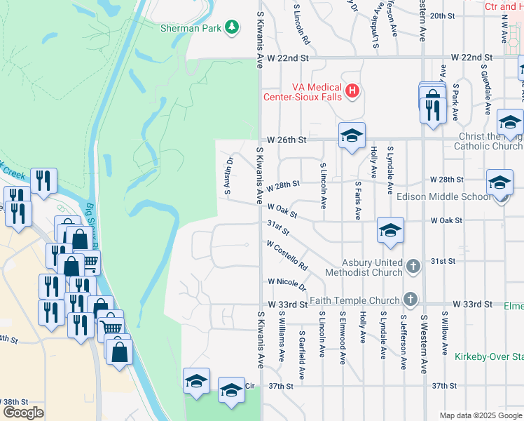 map of restaurants, bars, coffee shops, grocery stores, and more near 2801 West 28th Street in Sioux Falls