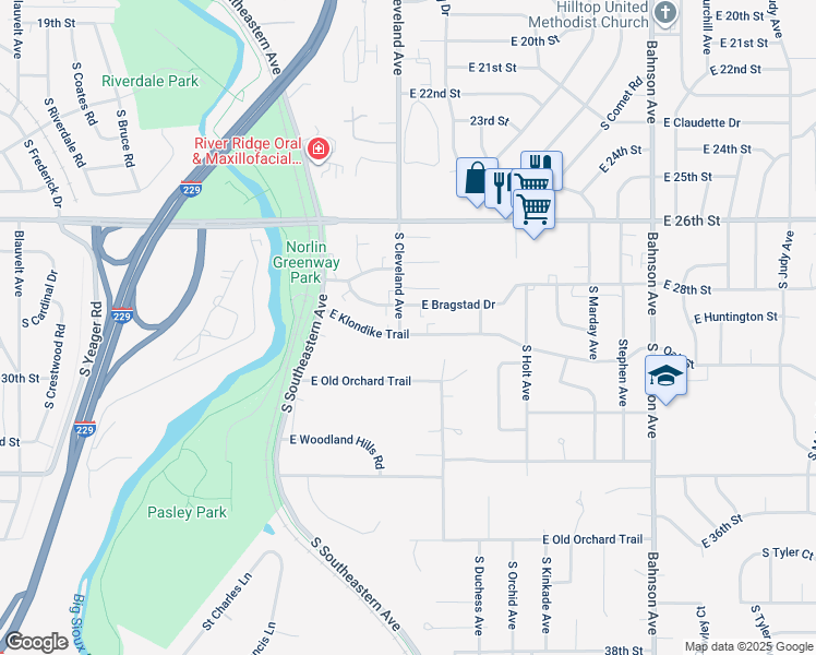 map of restaurants, bars, coffee shops, grocery stores, and more near 2800 East Klondike Trail in Sioux Falls