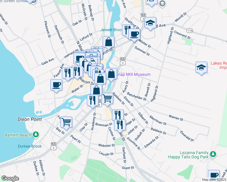 map of restaurants, bars, coffee shops, grocery stores, and more near 84 Union Avenue in Laconia