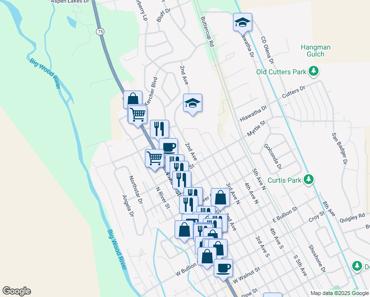 map of restaurants, bars, coffee shops, grocery stores, and more near 689-931 2nd Ave N in Hailey
