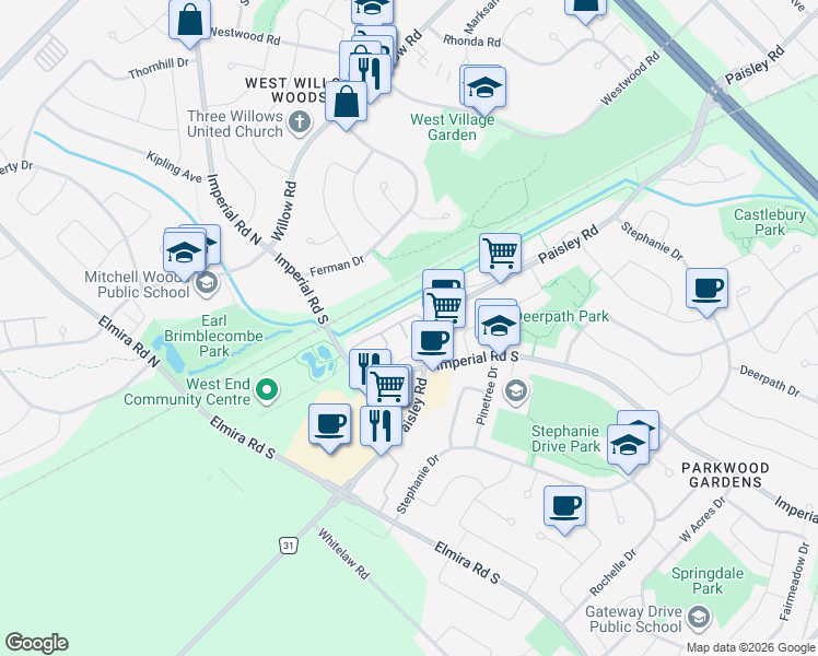 map of restaurants, bars, coffee shops, grocery stores, and more near 30 Imperial Road South in Guelph