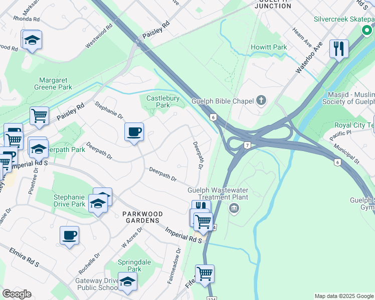 map of restaurants, bars, coffee shops, grocery stores, and more near 8 Lois Lane in Guelph