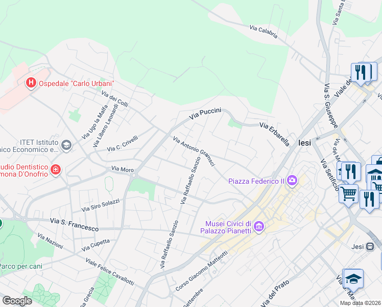 map of restaurants, bars, coffee shops, grocery stores, and more near 1-2 Via Lauro de Bosis in Jesi
