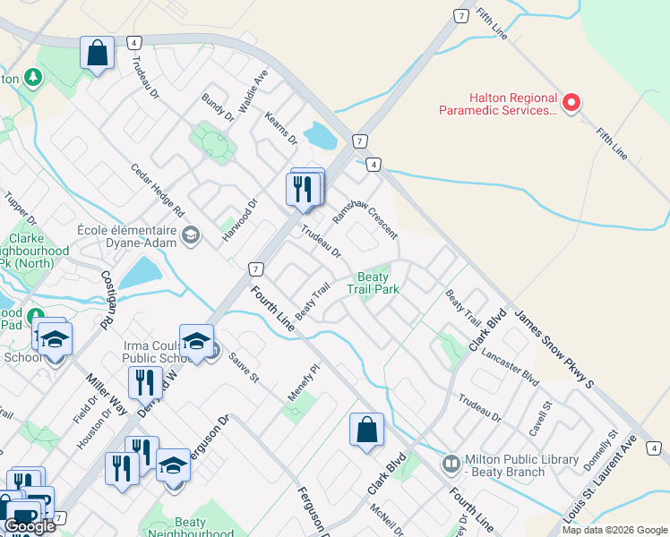 map of restaurants, bars, coffee shops, grocery stores, and more near 639 Trudeau Drive in Milton