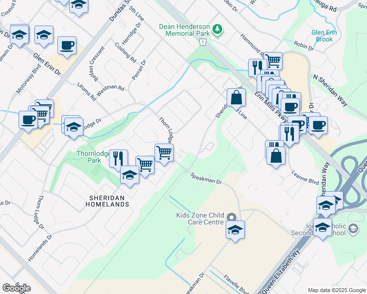 map of restaurants, bars, coffee shops, grocery stores, and more near 2028 Waycross Crescent in Mississauga