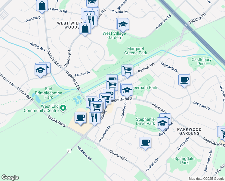 map of restaurants, bars, coffee shops, grocery stores, and more near 886 Paisley Road in Guelph