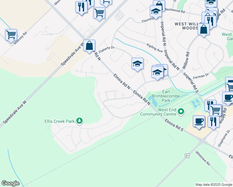 map of restaurants, bars, coffee shops, grocery stores, and more near 38 Willow Road in Guelph