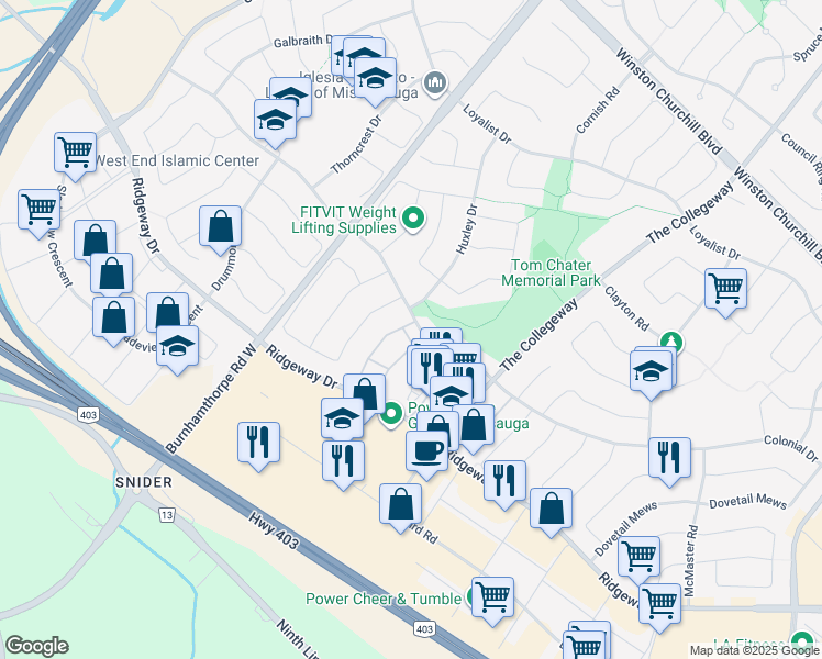 map of restaurants, bars, coffee shops, grocery stores, and more near 3600 Colonial Drive in Mississauga
