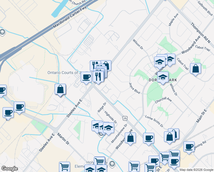 map of restaurants, bars, coffee shops, grocery stores, and more near 403 Ontario Street North in Milton