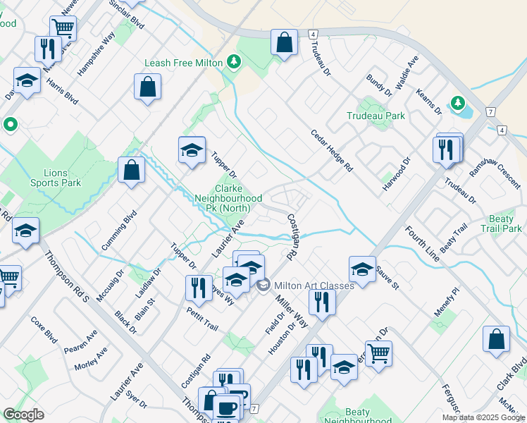 map of restaurants, bars, coffee shops, grocery stores, and more near in Milton