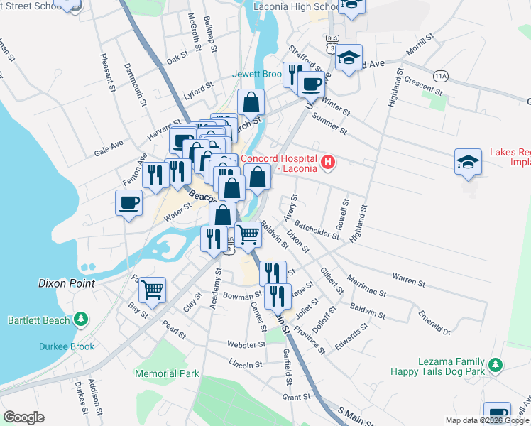 map of restaurants, bars, coffee shops, grocery stores, and more near 84 Union Avenue in Laconia