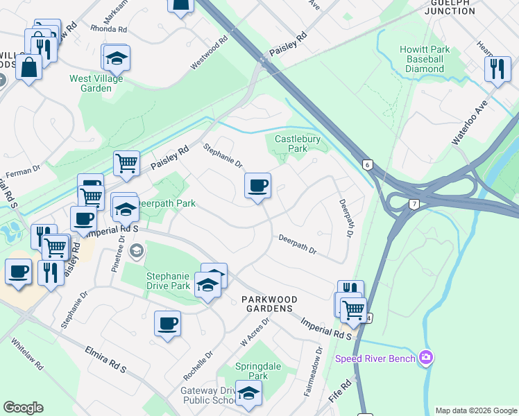 map of restaurants, bars, coffee shops, grocery stores, and more near 18 Kelly Court in Guelph