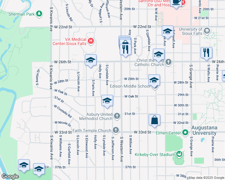 map of restaurants, bars, coffee shops, grocery stores, and more near 2101 South Jefferson Avenue in Sioux Falls