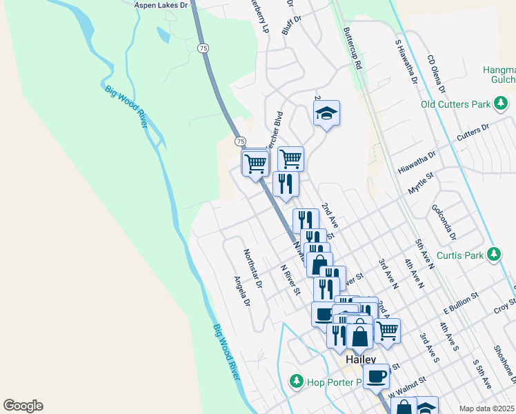 map of restaurants, bars, coffee shops, grocery stores, and more near 831 State Highway 75 in Hailey