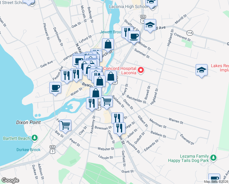 map of restaurants, bars, coffee shops, grocery stores, and more near 84 Union Avenue in Laconia