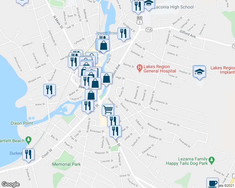 map of restaurants, bars, coffee shops, grocery stores, and more near 2 Lougee Court in Laconia
