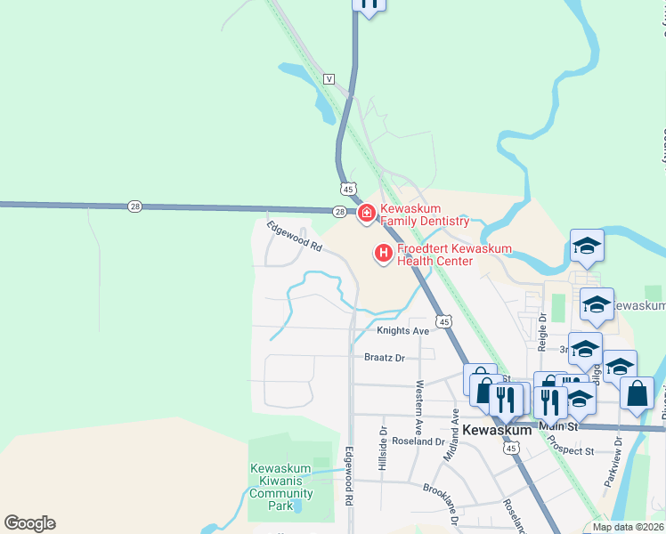 map of restaurants, bars, coffee shops, grocery stores, and more near 1795 Edgewood Road in Kewaskum