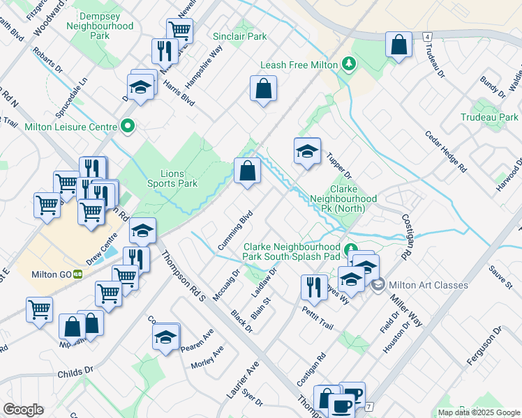 map of restaurants, bars, coffee shops, grocery stores, and more near 1098 Cumming Boulevard in Milton