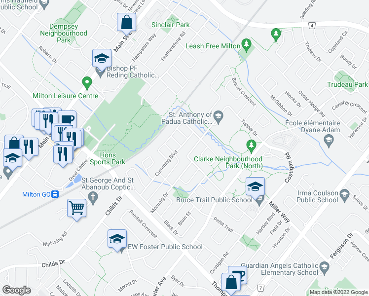 map of restaurants, bars, coffee shops, grocery stores, and more near 1098 Cumming Boulevard in Milton