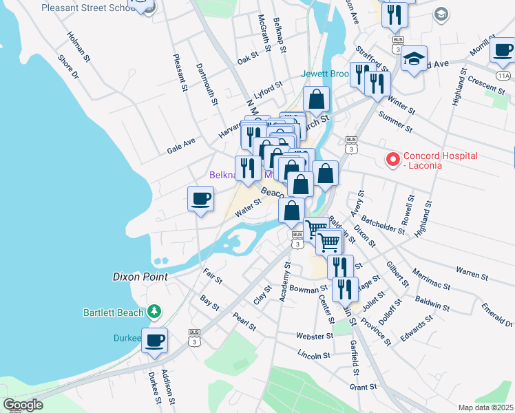 map of restaurants, bars, coffee shops, grocery stores, and more near 71 Beacon Street West in Laconia