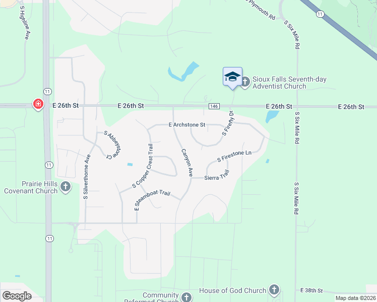 map of restaurants, bars, coffee shops, grocery stores, and more near 2105 Canyon Avenue in Sioux Falls