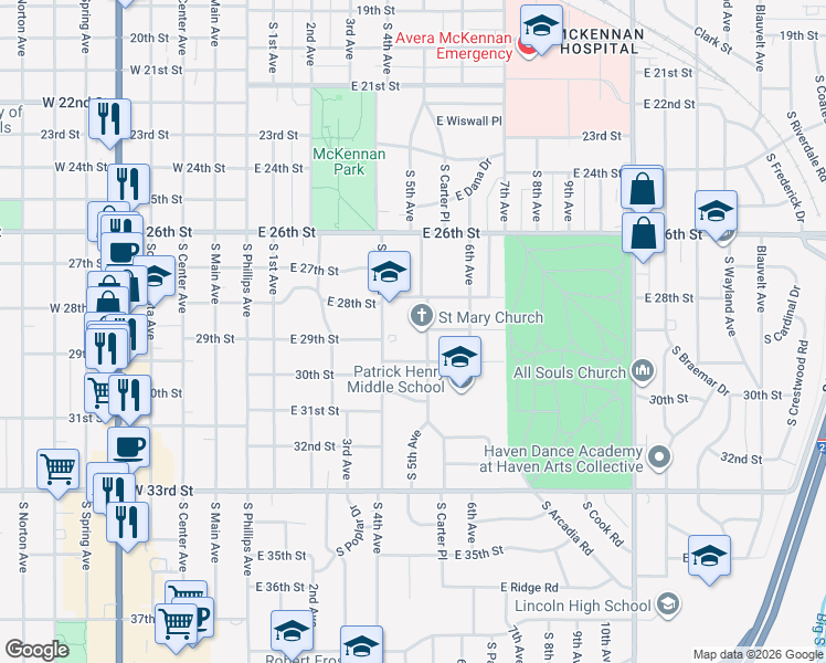 map of restaurants, bars, coffee shops, grocery stores, and more near 2109 South 5th Avenue in Sioux Falls
