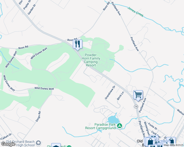 map of restaurants, bars, coffee shops, grocery stores, and more near 2 Birkdale Circle in Old Orchard Beach