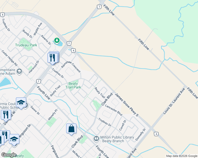 map of restaurants, bars, coffee shops, grocery stores, and more near 1655 Dempsey Crescent in Milton