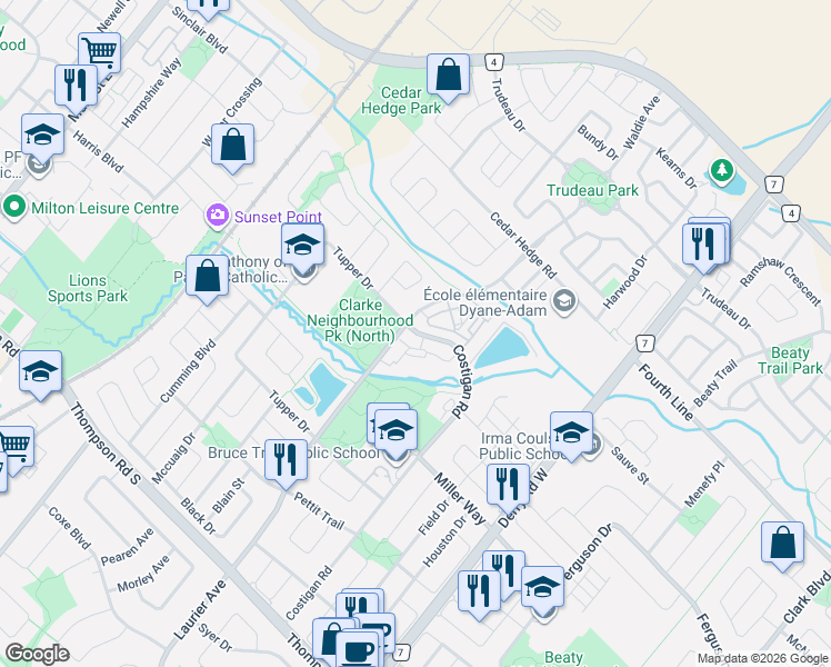 map of restaurants, bars, coffee shops, grocery stores, and more near 1439 Costigan Road in Milton