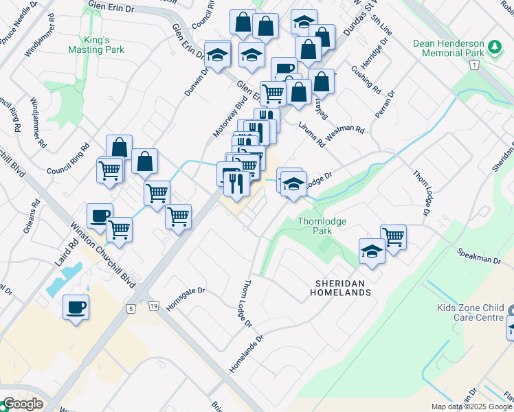 map of restaurants, bars, coffee shops, grocery stores, and more near 2605 Woodchester Drive in Mississauga