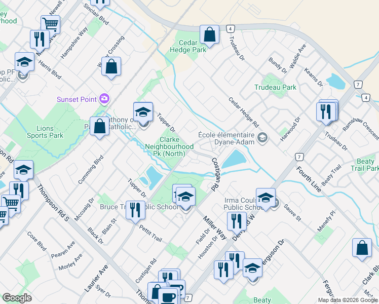 map of restaurants, bars, coffee shops, grocery stores, and more near 1225 Laurier Avenue in Milton