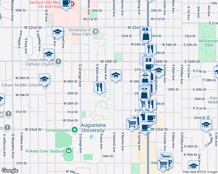 map of restaurants, bars, coffee shops, grocery stores, and more near 2001 South Summit Avenue in Sioux Falls